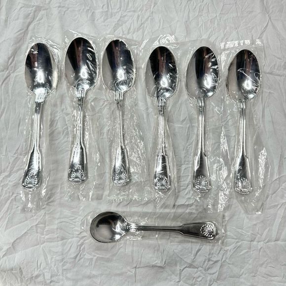 Vtg Olde Chelsea Pattern Silverplated 6 Dinner Spoons + Round Spoon in Plastic - Picture 9 of 15